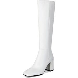 Women's Faux Leather White Square Toe Knee High Chunky Heel Side Zip Tall Boots